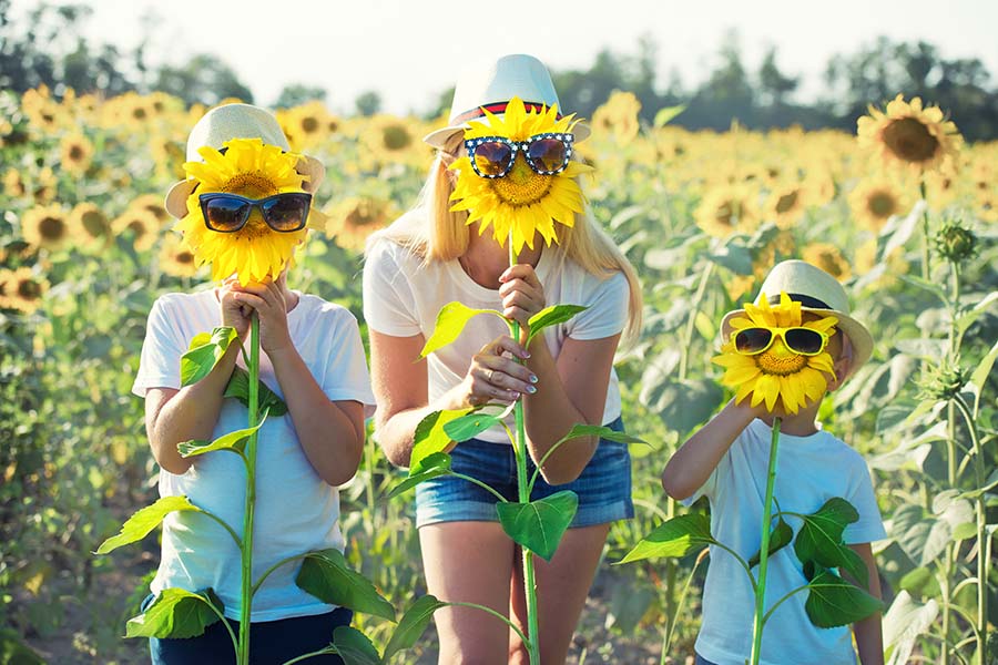 About Our Agency - Mother And Children Standing Behind Sunflowers With Glasses On